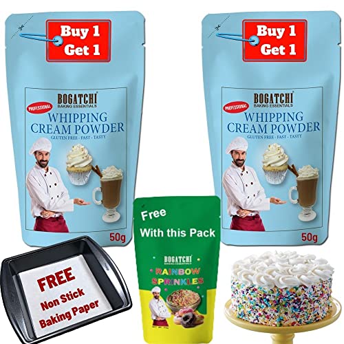 BOGATCHI Whipped Cream | Whipping Cream Powder, Whipping Cream for Cake, Premium Whipping Cream Powder, 50g + 50g Free One Extra Whipping Cream Powder + Rainbow Sprinkler(25g)