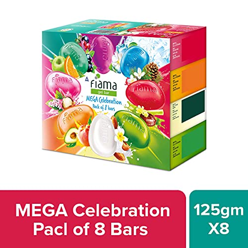 Fiama Gel Bathing Bar Mega Celebration Pack, With 8 Unique Gel Bars & Skin Conditioners For Moisturized Skin, 125g Soap (Pack Of 8)
