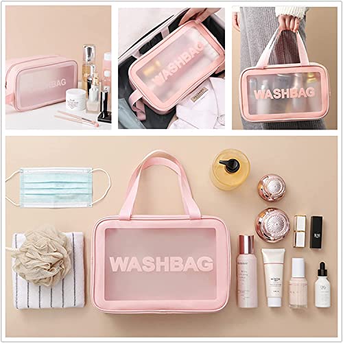 FLYNGO Clear Makeup Pouch Set, Cosmetic Organizer Bag for Women and Girls Travel Waterproof Toiletry Storage Kit (Set of 3 Light Pink)