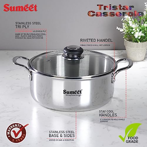 Sumeet Cook Smart TriPly SAS (Steel-Aluminium-Steel - 3 Layers) Casserole/Biryani Pot/Stock Pot with Glass Lid- 6.3Ltr - 30Cm, Silver