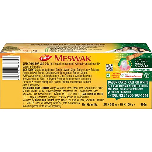 Dabur Meswak Complete Oral Care Toothpaste - 500g (2 x 200g + 1 x100g) | Complete Oral & Gum Care Toothpaste | Contains Pure & Rare Miswak extract | No added Fluoride, Paraben, Triclosan & Formalin