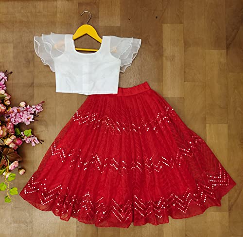 E-SQARE Girl's Mirror Work Taffeta Silk Satin Designer Lehenga Choli (2-3 Years, Red)
