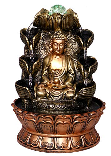 Globle Creations Water Fountain with Gautam Buddha, Multicolor LED Lights, Motor Pump with Water Flow Control Switch and Crystal Ball, 30 x 20 x 20 cm