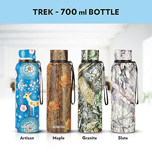 Borosil Hydra Trek Artisan Steel Water Bottle, Stainless Steel, Double Wall Vacuum Insulated Flask Bottles, 700 ml