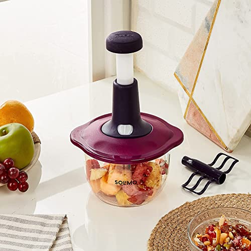 Amazon Brand - Solimo Manual Press Fruit & Vegetable Chopper, with 3 Stainless Steel Blades, 1 Whisker, Food-Grade Unbreakable Plastic Container, Anti-Slip Base, and Locking System, 1400 ml, Purple