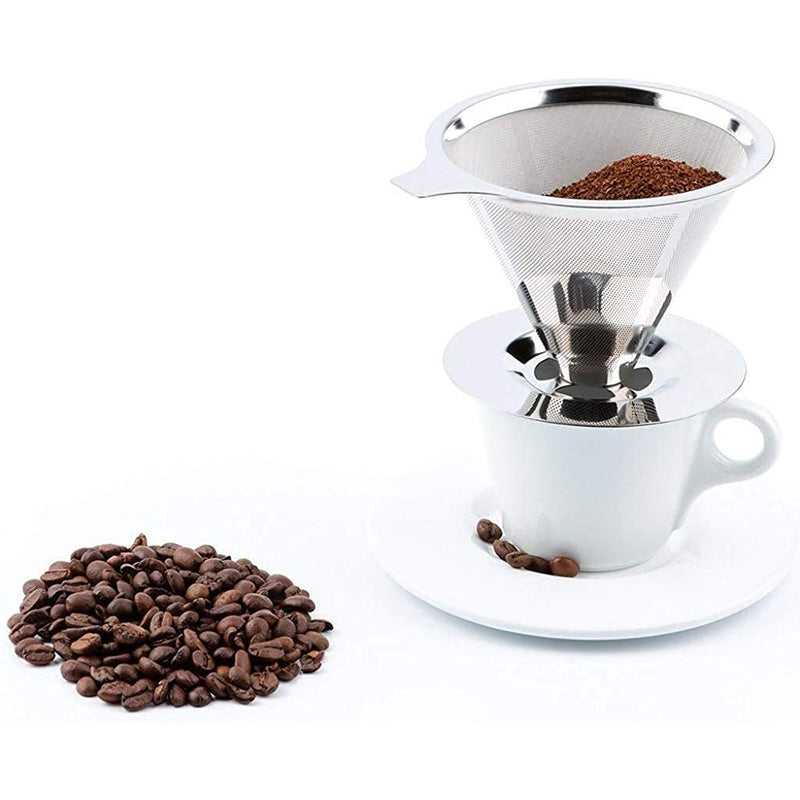 HASTHIP® Pour Over Coffee Dripper-Stainless Steel Reusable Drip Cone Coffee Filter-Paperless Metal Fine Mesh Strainer Coffee Brewer-Coffee Maker 1-6 Cup With Non-slip Cup Stand and Cleaning Brush