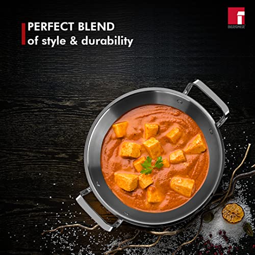 Bergner Tripro Triply Stainless Steel 4 Pc Cookware Set, 24 cm Indian Wok/Kadai with Lid, 22 cm Frypan, 16 cm Tea Pan, Even and Fast Heating, Induction Bottom, Gas Ready, Silver