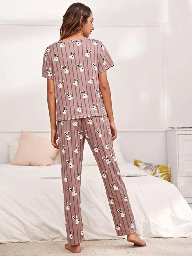 LookMark Women's Cotton Lycra Graphic Print Pyjama Set for Women || Night Suit Set || Night Dress for Women(NW05-L-02) Brown