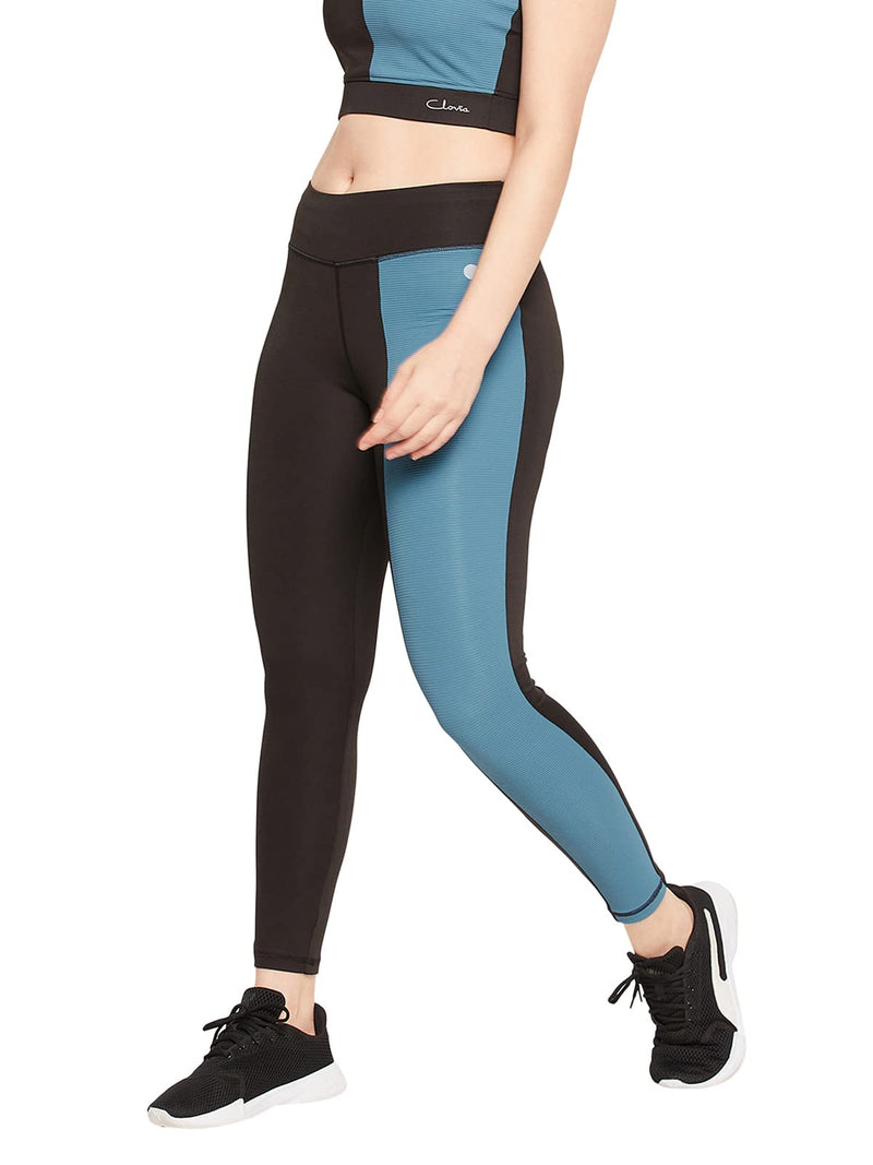 Clovia Women's Snug Fit Active High-Rise Ankle-Length Colourblock Tights(AB0053A13_Black & Teal Blue_M)