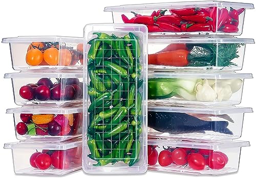 Skylike 6 Fridge Storage Boxes Fridge Organizer Food Storage Container with Removable Drain Plate and Lid Stackable Fruits, Vegetables, Fish Fresh Longer 1500 ML Container Boxes (Pack of 6,Plastic)