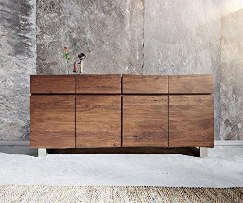 INMARWAR Solid Mango Wood & Carbon Steel Sideboard and Cabinets for Living Room | Free Standing Side Board Buffet Cabinet with 4 Drawer & 4 Door Cabinet Storage for Kitchen | Natural Brown