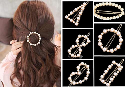 ANNACREATIONS Korean Style Gold Metal Pearl Geometric Stone Lock Hair Pins Hair Clip Hair Accessories Jewellery for Women And Girls (6 PCS)