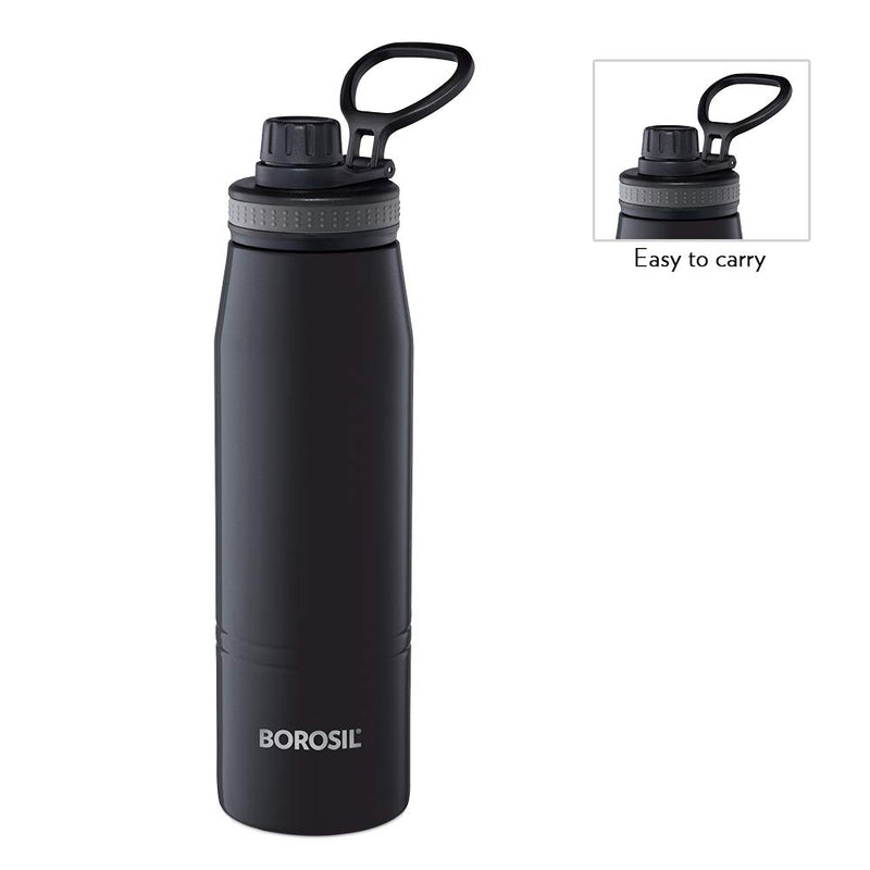 Borosil - Stainless Steel Hydra Gosports - Vacuum Insulated Flask Water Bottle, 600 ML, Black