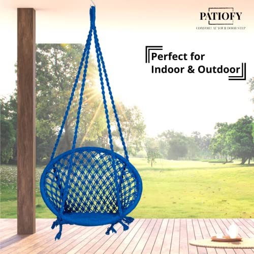 Patiofy Round Cotton Hammock Swing for Adults & Kids/Jhula Swing for Balcony, Indoor, Outdoor, Garden/Capacity Upto 120Kgs/ Includes Free Hanging Accessories/Handmade Hammock Hanging Swing Chair-Blue