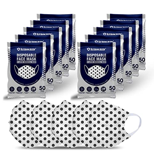 AeroGrid 3 Ply Melt-Blown Fabric Disposable Face Mask | BIS Certified | 75 GSM Protective Surgical Face Mask | Built-in Nose Pin | Premium Soft Earloop Mask for Unisex (Polka, Pack of 500)