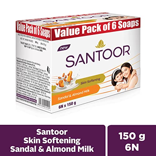 Santoor Sandalwood and Almond milk Organic Soft Bath Soap for Softer, Smoother and Moisturised Skin, Combo Offer 150 g pack of 6