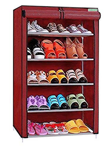 FLIPZON Premium 5-Tiers Shoe Rack/Multipurpose Storage Rack with Dustproof Cover (Iron Pipes, Non Woven Fabric, Plastic Connector) (Maroon)