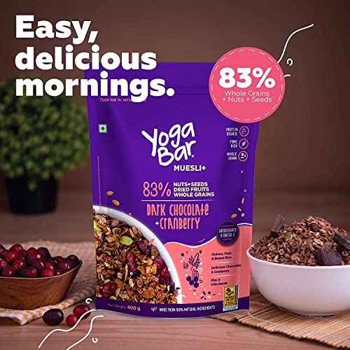 Yogabar Wholegrain Breakfast Muesli - Dark Chocolate + Cranberry, 700g (Pack of 2) (Super Saver Pack) | Healthy Cereals | Granola | Gluten Free | Antioxidant & Protein Rich