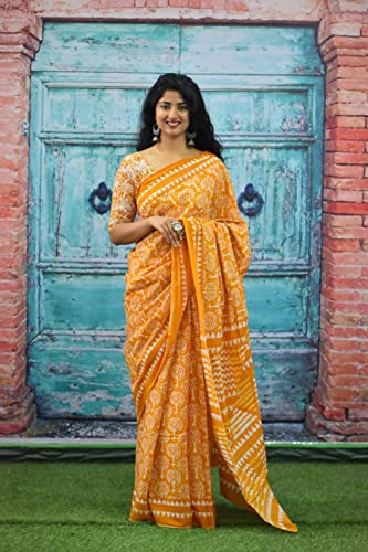 Kiaaron Women's Ikat Hand Block Print Jaipuri Cotton Mulmul Saree with Blouse Piece - Yellow_61