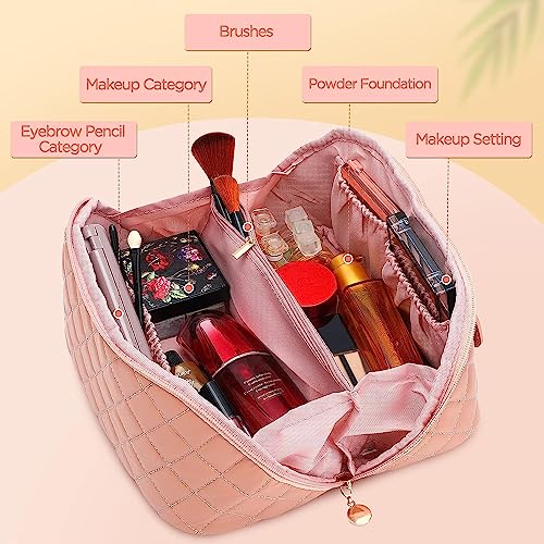 Ghime Cosmetic Bag for Women, Makeup Bag PU Leather Portable and Large Capacity Makeup Storage Bag with Handle and Divider (2. Pink)