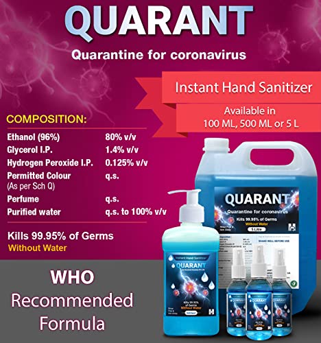 QUARANT 80% Alcohol Based Instant Hand Sanitizer Spray, Small Pocket Size Liquid Spray Bottle, Kills 99.9% Germs, WHO Recommended Formula & FDA Approved, 100 ML (Pack of 5)