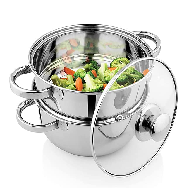 PANCA Premium Steamer For Vegatables, Momo, Rice, Multipurpose 2 Tier Stainless Steel Steamer With Glass Lid, Premium Daily Use Steamer 18cm Diameter (Induction Friendly) - Silver