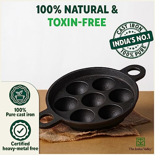 The Indus Valley Super Smooth Cast Iron Paniyaram Pan | Very Small, 7pit, 19cm/7.4 inch, 2.2kg | Induction friendly | Nonstick, Pre-Seasoned Appe/Paddu Pan, 100% Pure & Toxin-free, No Chemical Coating