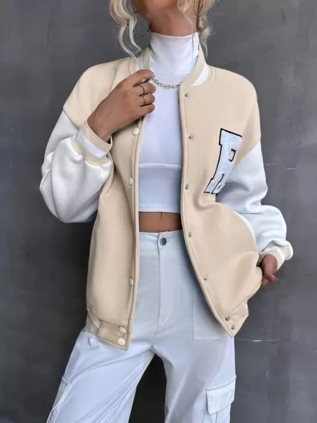 A to Z CREATION Stylish Long sleeve Letterman Varsity Jacket for Women (Medium, Beige)