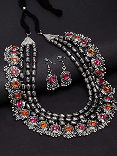 Shining Diva Fashion Latest Stylish Fancy Oxidised Silver Tribal Necklace Jewellery Set for Women (12164s), Multicolour, One