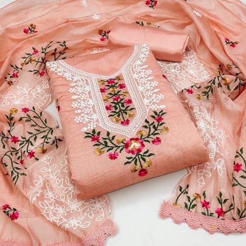 HMP Fashion Women chanderi cotton embroidery work salwar suit with muilty work chanderi cotton dupatta free size unstitch dress material (ORANGE)