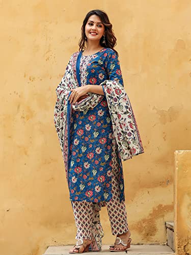 Vaamsi Women's Cotton Blend Floral Printed Straight Kurta Pant with Dupatta (VKSKD1238_Blue_L)