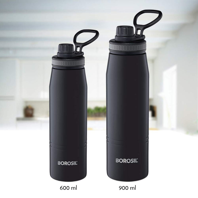 Borosil - Stainless Steel Hydra Gosports - Vacuum Insulated Flask Water Bottle, 600 ML, Black