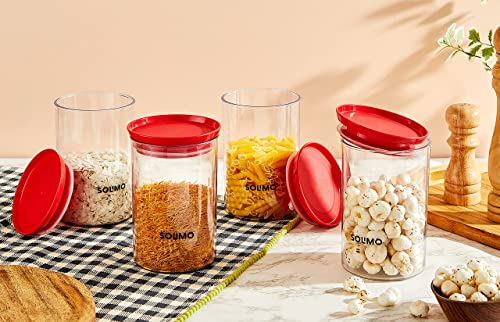 Amazon Brand - Solimo Plastic Storage Jar and Container Set I Air Tight & BPA Free Containers For Kitchen Storage Set I Grocery Kitchen Container Set I Multipurpose Jar, 900 Ml Each, Set 4, Red