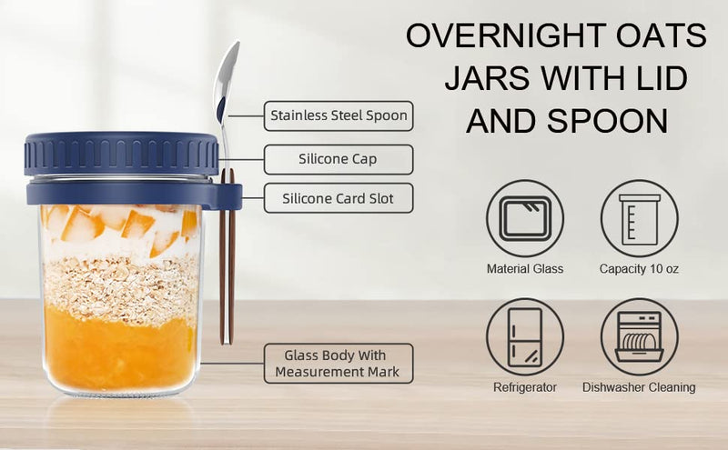 Ash & Roh Overnight Oats Containers with Lids and Spoons 350 ml Glass Mason Jars for Overnight Oats Leak Proof Oatmeal Container Great for Cereal Fruit Vegetable Milk Salad Yogurt (Blue 2)