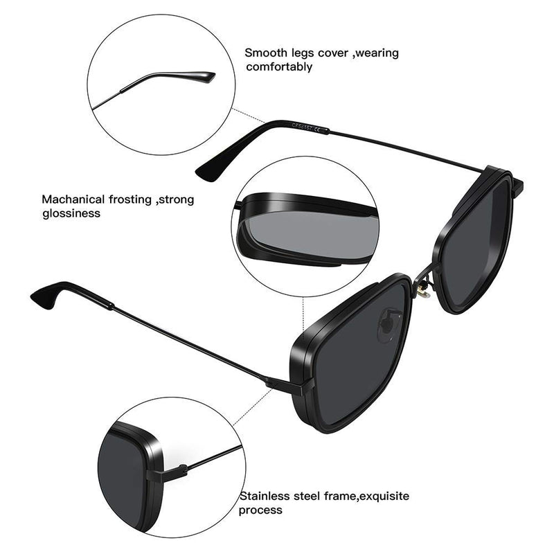 ELEGANTE Men Square Sunglasses Silver, Black Frame, Black Lens (Medium)