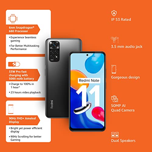 Redmi Note 11 (Space Black, 4GB RAM, 64GB Storage)|90Hz FHD+ AMOLED Display | Qualcomm® Snapdragon™ 680-6nm | 33W Charger Included