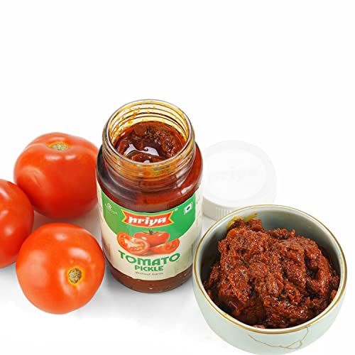 Priya Tomato Pickle with Garlic, 300g - Authentic Telugu Style Tamatar Achar |Traditional South Indian Taste| Homemade Andhra Pickles| With Tomato Pieces, Tamarind Paste & Mixed Spices| Glass Jar