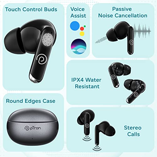 pTron Bassbuds Eon Truly Wireless in Ear Earbuds with Mic,ENC, 13mm Driver, Stereo Sound, BT 5.3 Headphone, Quick Pairing, Touch Control, Fast Charging & 30Hrs Playtime, IPX4 & Voice Asst (Grey/Black)