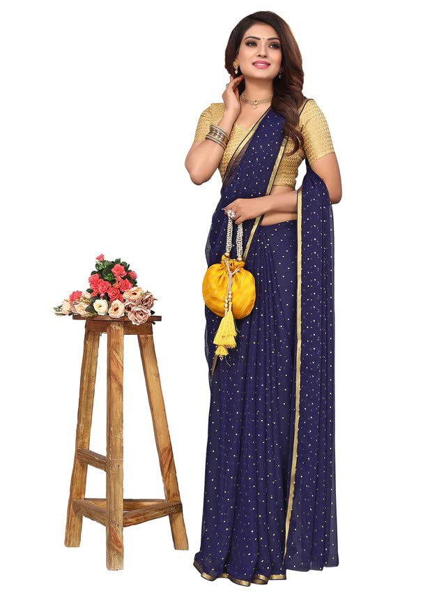 SIRIL Women's Jari Border & Mukaish Work Chiffon Saree with Unstitched Blouse Piece(2811S291A_Navy Blue1)