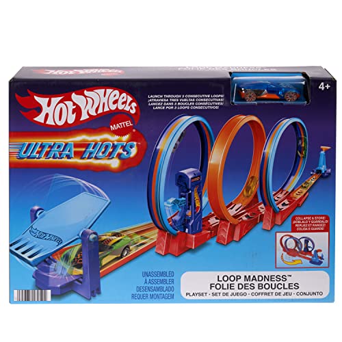 Hot Wheels® Track Set, Ultra Hots™ Loop Madness™ with 3 Loops and 1 Hot Wheels® Car in 1:64 Scale, Connects to Other Sets, Collapses for Easy Toy Storage