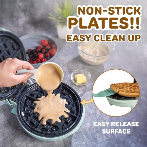 Primalite Classic 8” Waffle Maker Machine- 700 Watts | Stainless Steel Non-Stick Cooking Plates & Cool Touch Handle | Belgian Round Electric Iron | Indicator Light & Easy to use- Mint Green