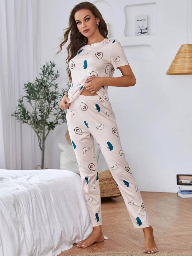 LookMark Women's Cotton Lycra Graphic Print Pyjama Set for Women || Night Suit Set || Night Dress for Women(NW04-XL-01)