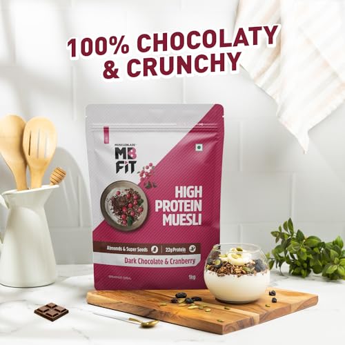 MuscleBlaze Fit High Protein Muesli 1 kg, Dark Chocolate & Cranberry, 22 g Protein, Almonds & Super Seeds, Protein Breakfast Cereals