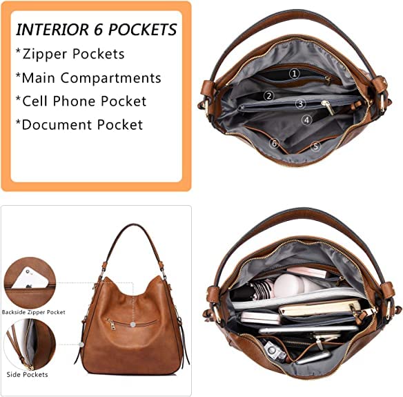 PESOMA Faux Leather Women Handbags Shoulder Hobo Bag Purse With Long Strap(Fits up to 12.9" Tablet/15.6") Purse (BROWN)