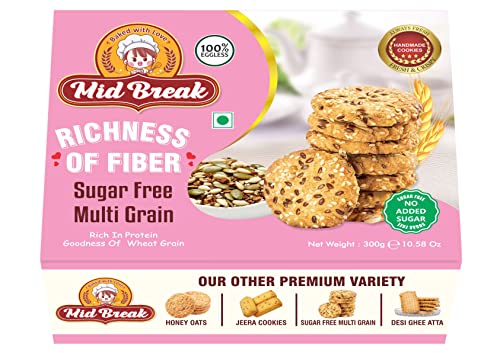 Mid Break - Sugar Free Multigrain Cookies | Multigrain Biscuits | Sugar Free Multigrain Biscuits | Premium Handmade Cookies | 300 Gm | Pack of 1