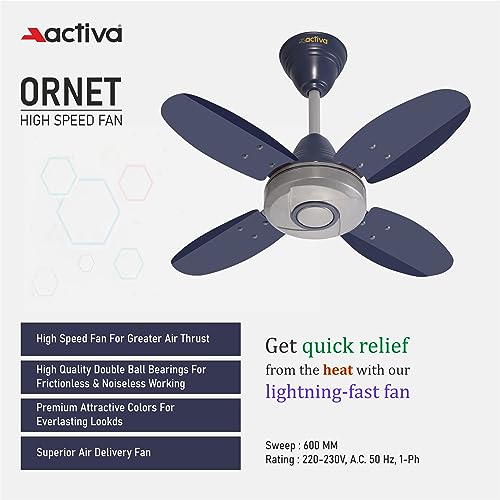 ACTIVA ORNET High Speed 850 RPM 4 Blades (600MM) Anti DUST Coating Ceiling Fan 2 Year Warranty (Silver Blue)