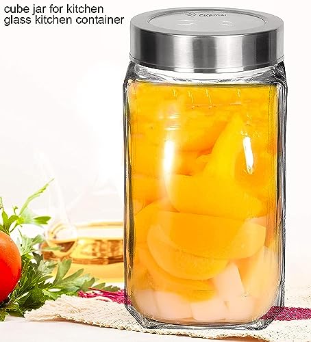 Vency Glass Square Shape Transparent Glass Jars & Containers for Kitchen Pantry, Snacks, Masala, Pickles, Dry Fruits, Coffee Beans Storage with Steel See Through Lid (Set Of 6) (1000ml Steel Cap)