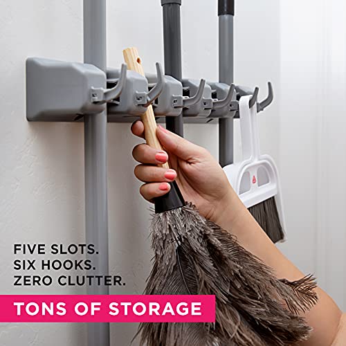 BUYERZONE Broom Holder Wall Mount and Garden Tool Organizer, Closet Storage, Kitchen Rack, Home Organization and Garage Organizer for Rake or Mop Handles, Hanger Plus 6 Hooks