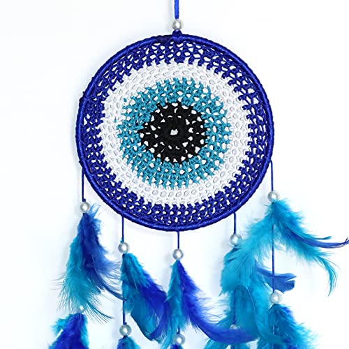 RPH Handicrafts Metal, Bell, Feather, Bead, Thread Wind Chime Dream Catcher for Wall Decor, Bedroom, Balcony, Garden, Kids Room (30 cm x 13 cm) Small (Evil Eye), Blue Eye