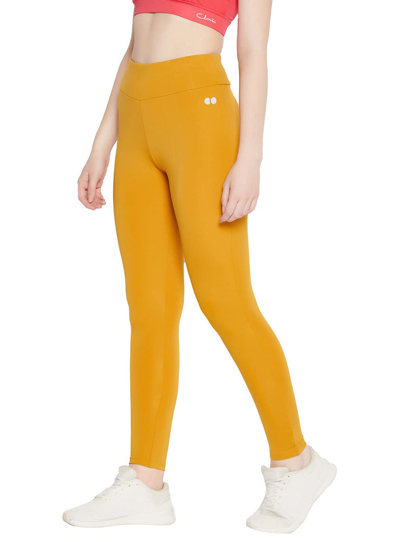 Clovia Women's Snug Fit Active High-Rise Full-Length Tights (AB0042P07_Yellow_S)